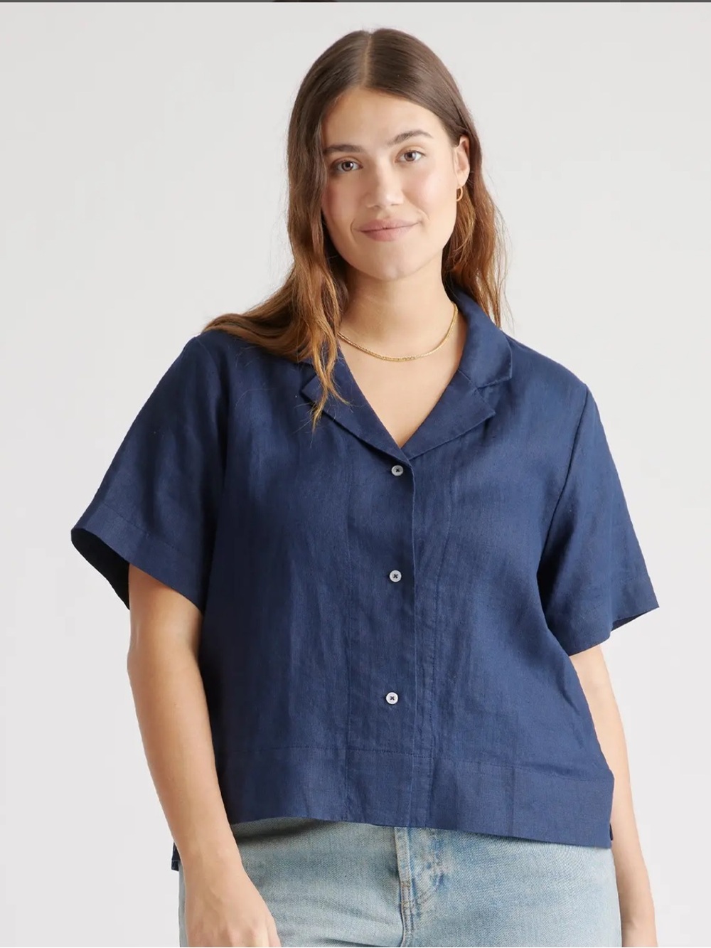 Quince Navy Short-Sleeve Button-Down Linen Shirt Size: S